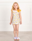 Baby Girls Yellow & Beige Fried Egg Print 2 Piece Dress Set & White Glitter Sandals Outfit 