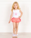 Girls White T-Shirt & Coral Fluor Shorts Set & White Glitter Sandals Outfit 