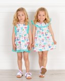  Girls Aqua Green Animal Print Dress with Ruffle Collar & Girls White Glitter Sandals Outfit 