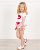 Baby Girls White & Red Lips Print 2 Piece Shorts Set & White Glitter Sandals Outfit