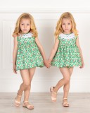 Baby Girls Green & Orange Rabbits Print 2 Piece Dress Set Outfit & Make-up Patent Leather Sandals