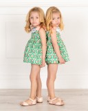 Baby Girls Green & Orange Rabbits Print 2 Piece Dress Set Outfit & Make-up Patent Leather Sandals