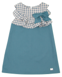 Blue & Check print Flired Dress with Bow