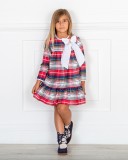 Outfit Niña Vestido Cuadros Rojo con Lazo Blanco & Botas Piel Serraje Navy & Pelo Sintético