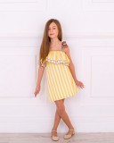 Girls Yellow & Brown Striped OFF the Shoulder Dress Outfit