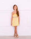 Girls Yellow & Brown Striped OFF the Shoulder Dress Outfit