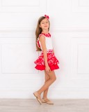 Conjunto Niña Blusa Blanco & Falda Estampado Floral Rojo