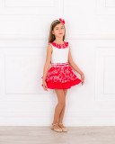 Girls White Blouse & Red Floral Print Skirt Set Outfit