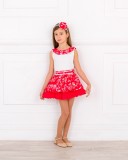 Girls White Blouse & Red Floral Print Skirt Set Outfit