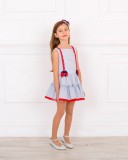 Girls Denim Blue & White Striped Dress with Red Lace Outfit