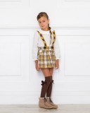 Girls Beige Blouse & Mustard Checked Skirt Set Outfit