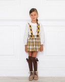 Girls Beige Blouse & Mustard Checked Skirt Set Outfit