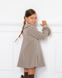 Girls Taupe Coat with Synthetic Fur Cuffs