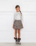 Girls White Blouse & Gray Glitter Polka Dots With Bow Collar