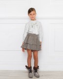 Girls White Blouse & Gray Glitter Polka Dots With Bow Collar