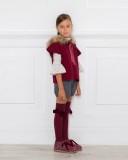 Burgundy Knitted Poncho Gillet With Synthetic Fur Hood & Satin Bow