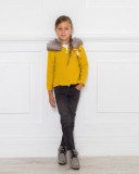 Mustard Knitted Sweater With Synthetic Fur Hood & Satin Bow