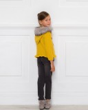 Mustard Knitted Sweater With Synthetic Fur Hood & Satin Bow