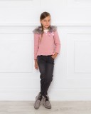 Blush Pink Knitted Sweater With Synthetic Fur Hood & Satin Bow