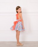 Girls Blue & Coral Flamingo Flared Dress with Sash Outfit