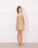 Girls Beige & Ivory Muslin Dress with Lace Neckline Outfit
