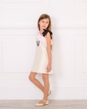 Girls Ivory & Gold Striped OFF the Shoulder Dress Outfit