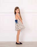 Girls Beige & Navy Blue Anchor Print Flared Dress Outfit