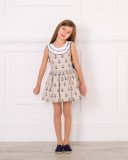 Girls Beige & Navy Blue Anchor Print Flared Dress Outfit