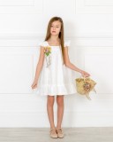 Girls White Linen Dress with Floral Brooch