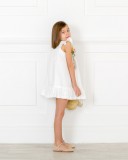 Girls White Linen Dress with Floral Brooch