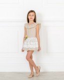 Girls Beige & White Striped Dress with Floral Brooch Outfit
