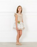 Girls Beige & White Striped Dress With Floral Brooch 