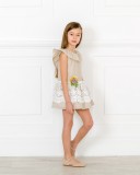 Girls Beige & White Striped Dress with Floral Brooch Outfit