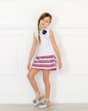 Girls White Top & Navy Blue Striped Brocade Skirt Set