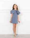 Girls Blue Shift Dress with Ruffle Sleeves Outfit