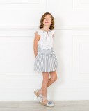 Girls White Poplin Blouse & Grey White Striped Cotton Skirt Outfit