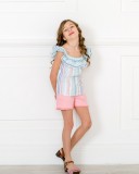Girls Blue Pink Striped Blouse with Ruffle Collar & Pink Denim Shorts Outfit