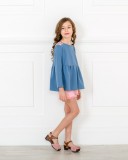 Girls Blue Jersey Sweater with Sequin Shoulders & Pink Denim Shorts Outfit