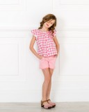 Girls Red Gingham Blouse with Ruffle Sleeves & Pink Denim Shorts Outfit