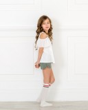 Girls OFF White Top with Bambula Ruffle & Green Organic Cotton Shorts Outfit