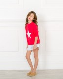 Girls Coral Pink Knitted Star Sweater & Grey Jersey Cotton Shorts Outfit