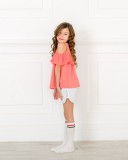 Girls OFF Coral Pink Top with Bambula Ruffle & Grey Jersey Cotton Shorts Outfit
