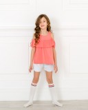 Girls Coral Pink Cotton Top With Bambula Ruffle 