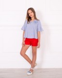 Girls Navy Blue & White Striped Blouse with Red Cotton Shorts Outfit