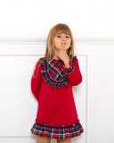 Girls Burgundy Jersey Dress With Tartan Yoke & Hem