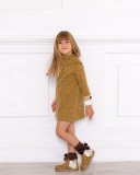 Girls Mustard & Brown Jersey Dress with Ivory Synthetic Fur Peplum Coat Outfit