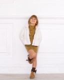 Girls Mustard & Brown Jersey Dress with Ivory Synthetic Fur Peplum Coat Outfit