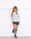 Girls White & Gray Polka Dot Ruffle Blouse with Pom-Pom 