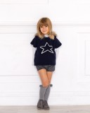 Blue Knitted Poncho Gillet With Synthetic Fur Hood & Sequin Star