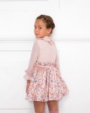 Girls Pink Polka Dot Dress With Floral Skirt & Feather Belt